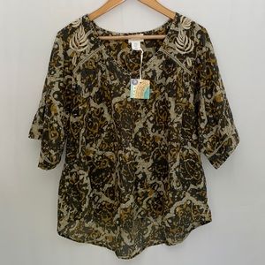 NWT Sigrid Olsen short Sleeve Oversized Boho Embroidered Top Lagenlook XS